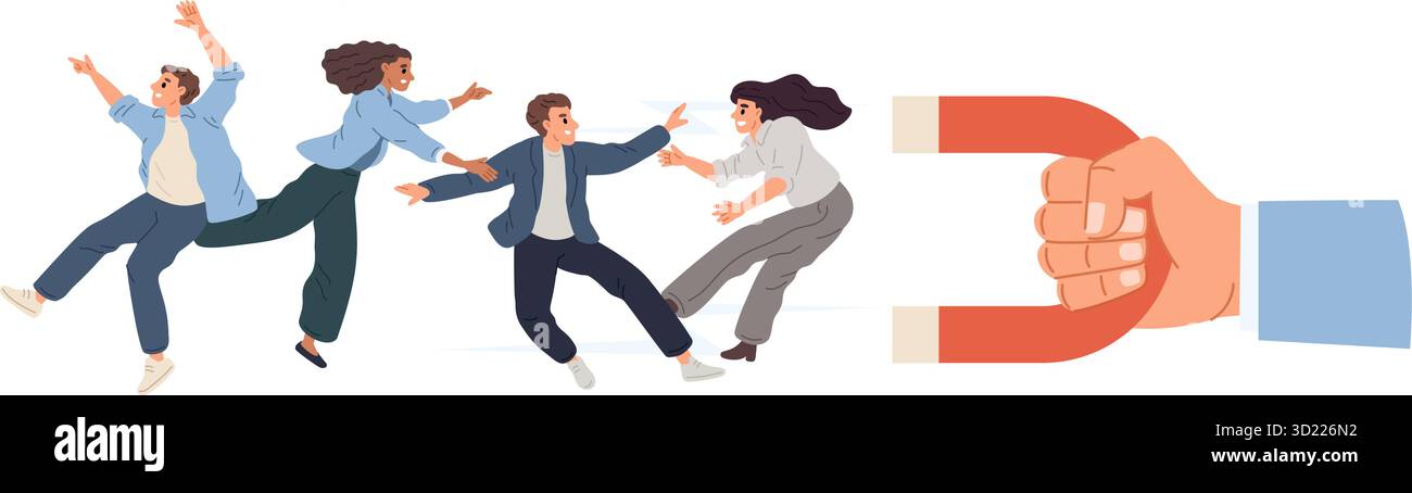 La mano con il magnete attira le persone. Attrarre e fidelizzare i clienti. I client sono i leader del potere magnetico. Tecnologia dei social media. Il gruppo di terminali radio si unisce Illustrazione Vettoriale