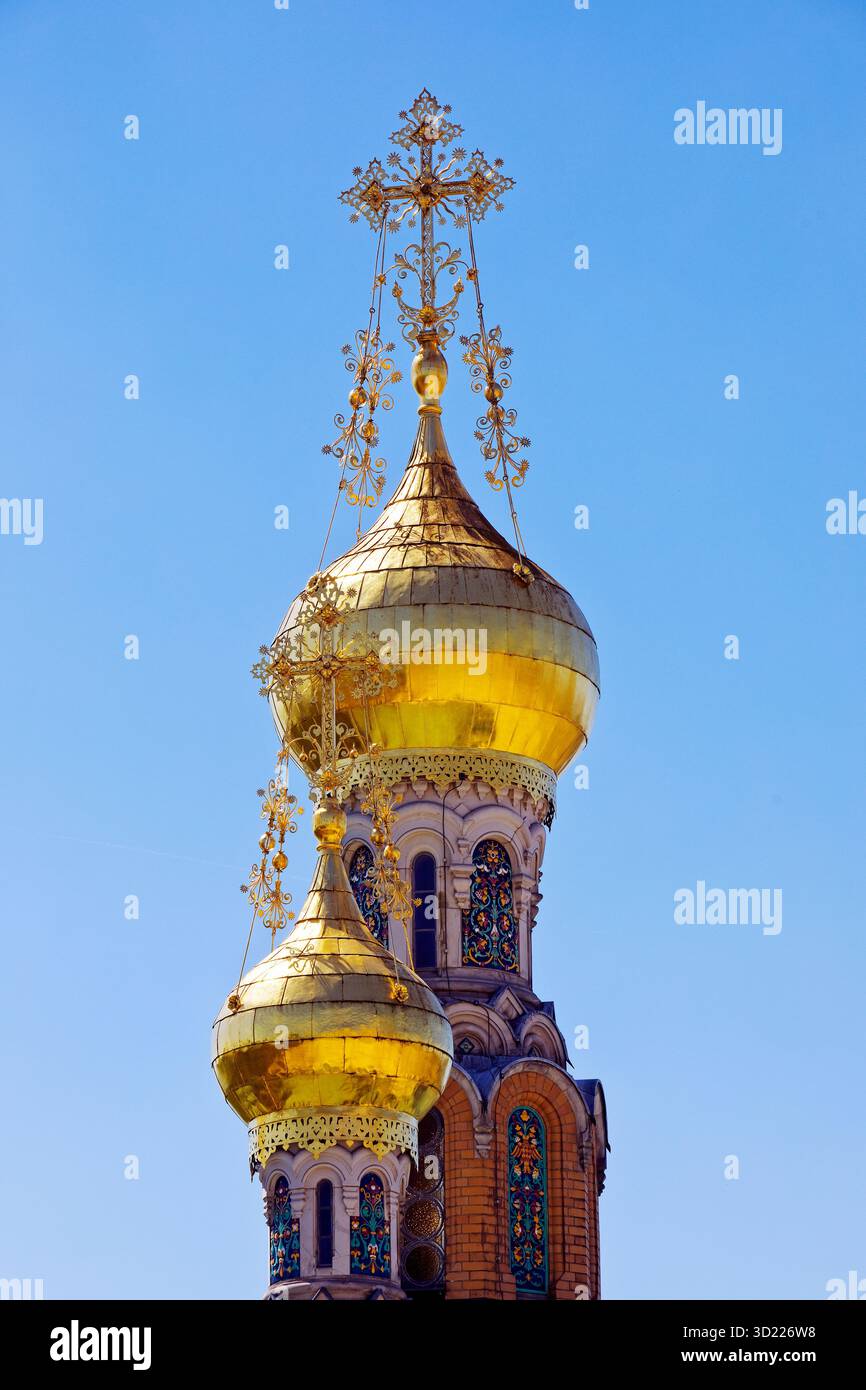 Vergoldete Kuppeln der Russischen Kapelle, Mathildenhoehe, Darmstadt, Assia, Germania, Europa Foto Stock