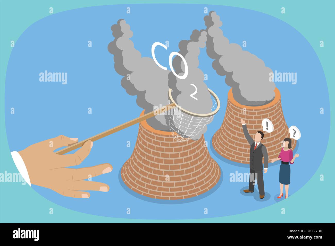 Illustrazione piatta isometrica 3D della riduzione delle emissioni di CO2, del contenimento del carbonio e della riduzione delle emissioni nocive del settore Foto Stock