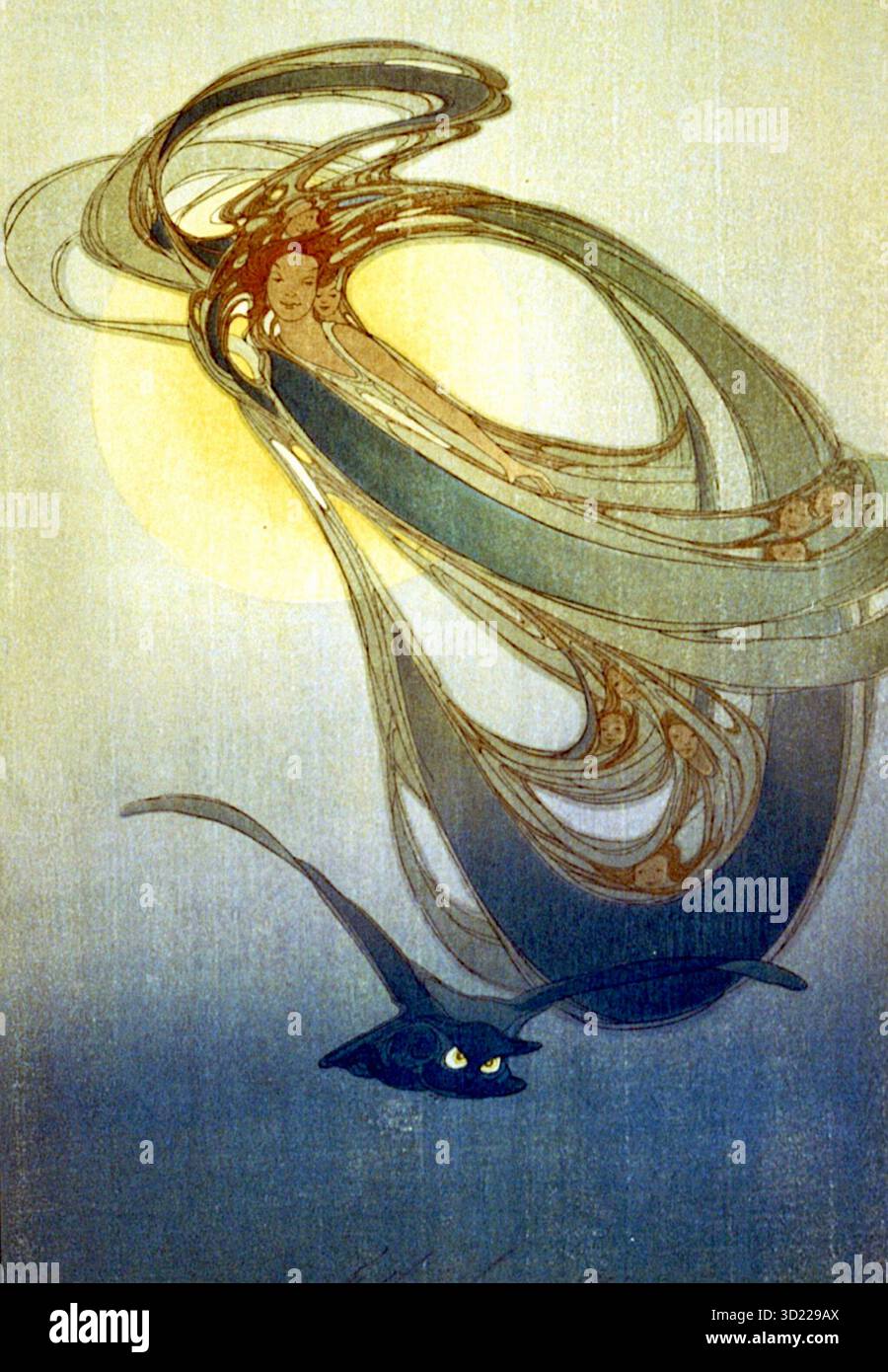 Bertha Boynton Lum - Mother West Wind - 1920 - Una miscela di Art Nouveau occidentale e tecniche giapponesi di incisione su legno. È una delle molte opere di Lum ispirate alla mitologia e al folklore giapponesi. Il pezzo raffigura uno spirito femminile, madre vento del West, accompagnato da bambini che sbirciano dai suoi capelli e dai drappeggi fluenti. Un gufo con gli occhi gialli vola nella parte inferiore della stampa, sottolineando l'impostazione notturna. L'opera è stata ispirata dalla serie di libri per bambini di Thornton Burgess Old Mother West Wind. Foto Stock
