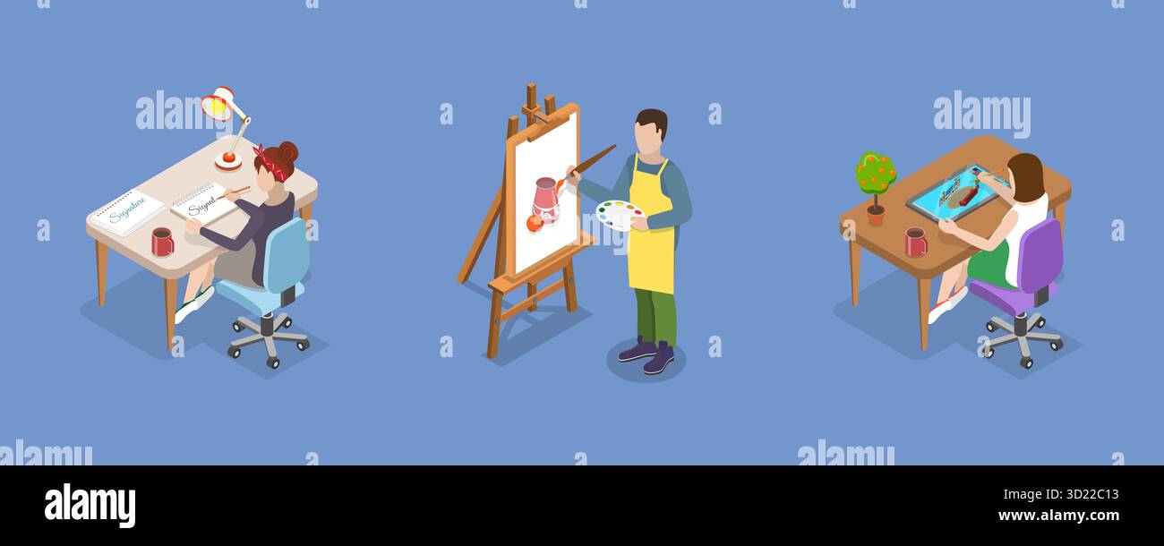 Illustrazione piatta isometrica 3D di sviluppo della creatività , acquisizione di conoscenze e competenze Foto Stock