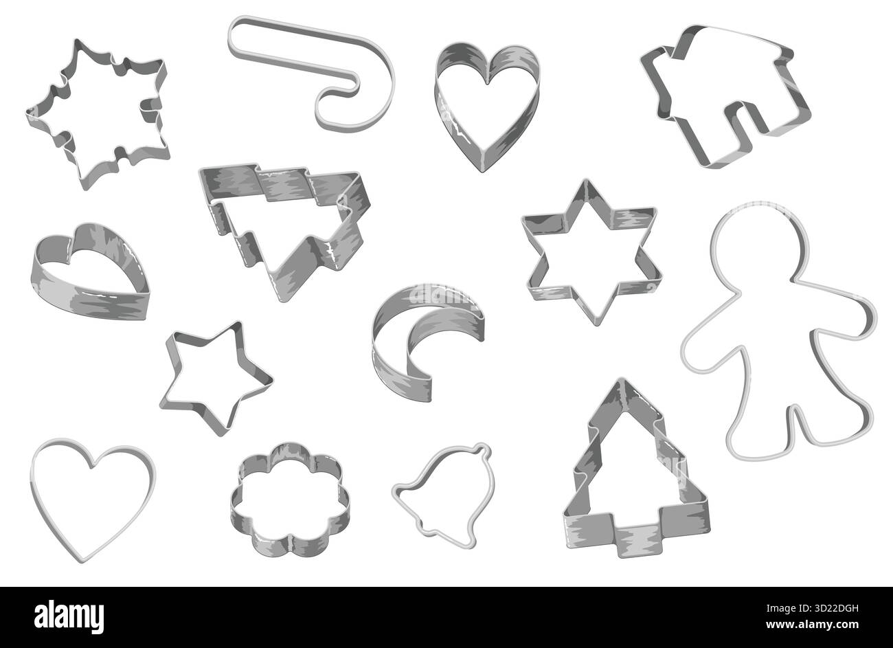 Collezione di tagliabiscotti metallizzati in fiocco di neve, Candy cane, cuore, casa, albero di Natale, forme di Crescent, Star, Flower, Bell e Gingerbread Man Illustrazione Vettoriale