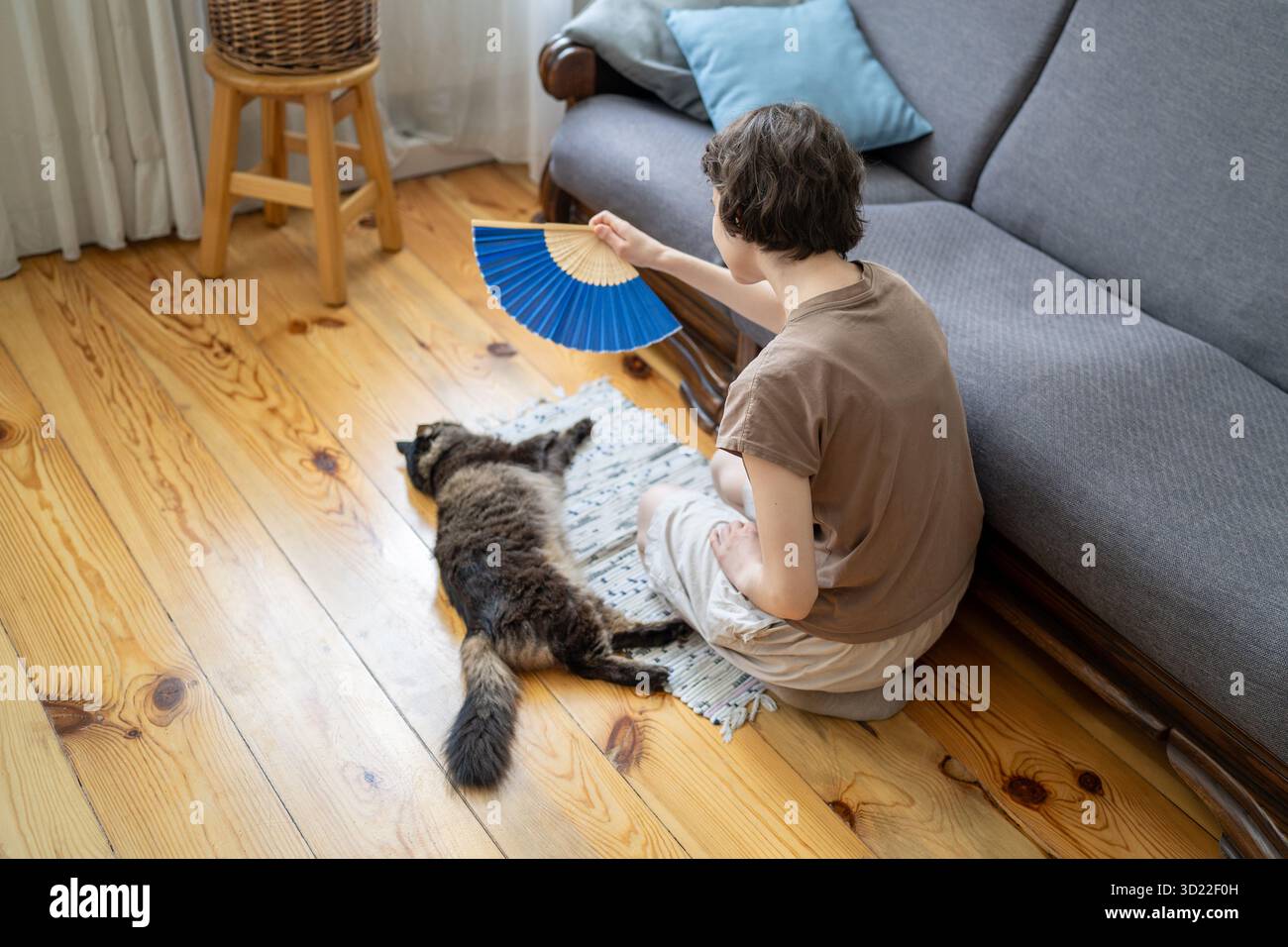 Donna che usa un ventilatore portatile per raffreddare il gatto nelle giornate calde. Sopravvivenza a onde di calore, rinfresco per animali domestici Foto Stock