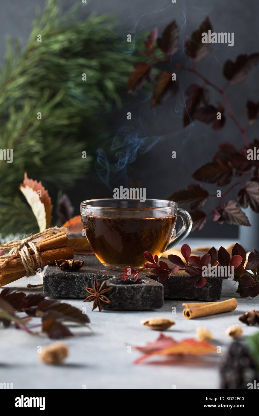 Delizioso tè aromatico appena fatto in una tazza di vetro con un asse e vari ingredienti naturali. Ora del tè Foto Stock