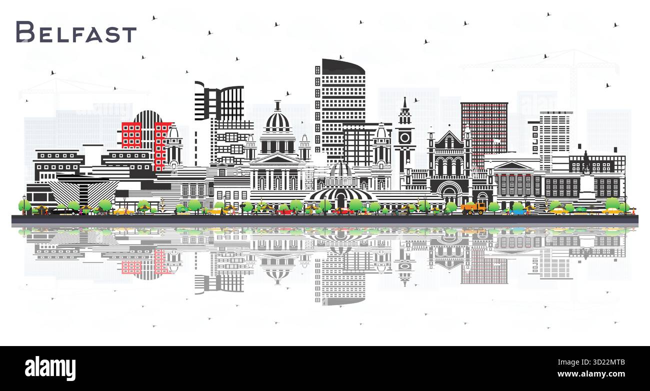 Skyline della città di Belfast, Irlanda del Nord, con edifici colorati e riflessi isolati sul bianco. Illustrazione vettoriale. Paesaggio urbano di Belfast con monumenti storici. Illustrazione Vettoriale