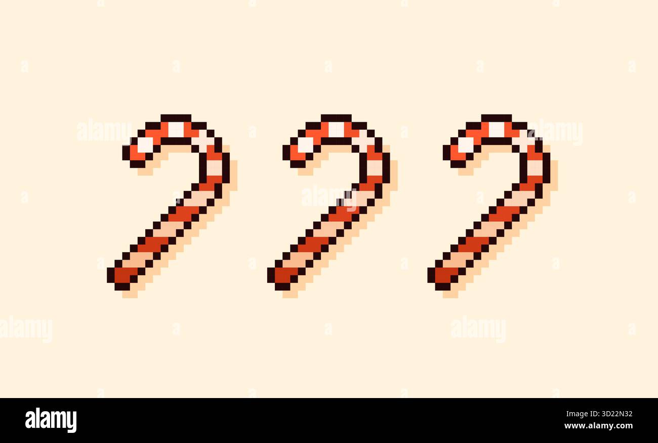 Decorazione di canne di caramelle natalizie pixel art. Caramelle dolci a strisce bianche e rosse. Illustrazione Vettoriale