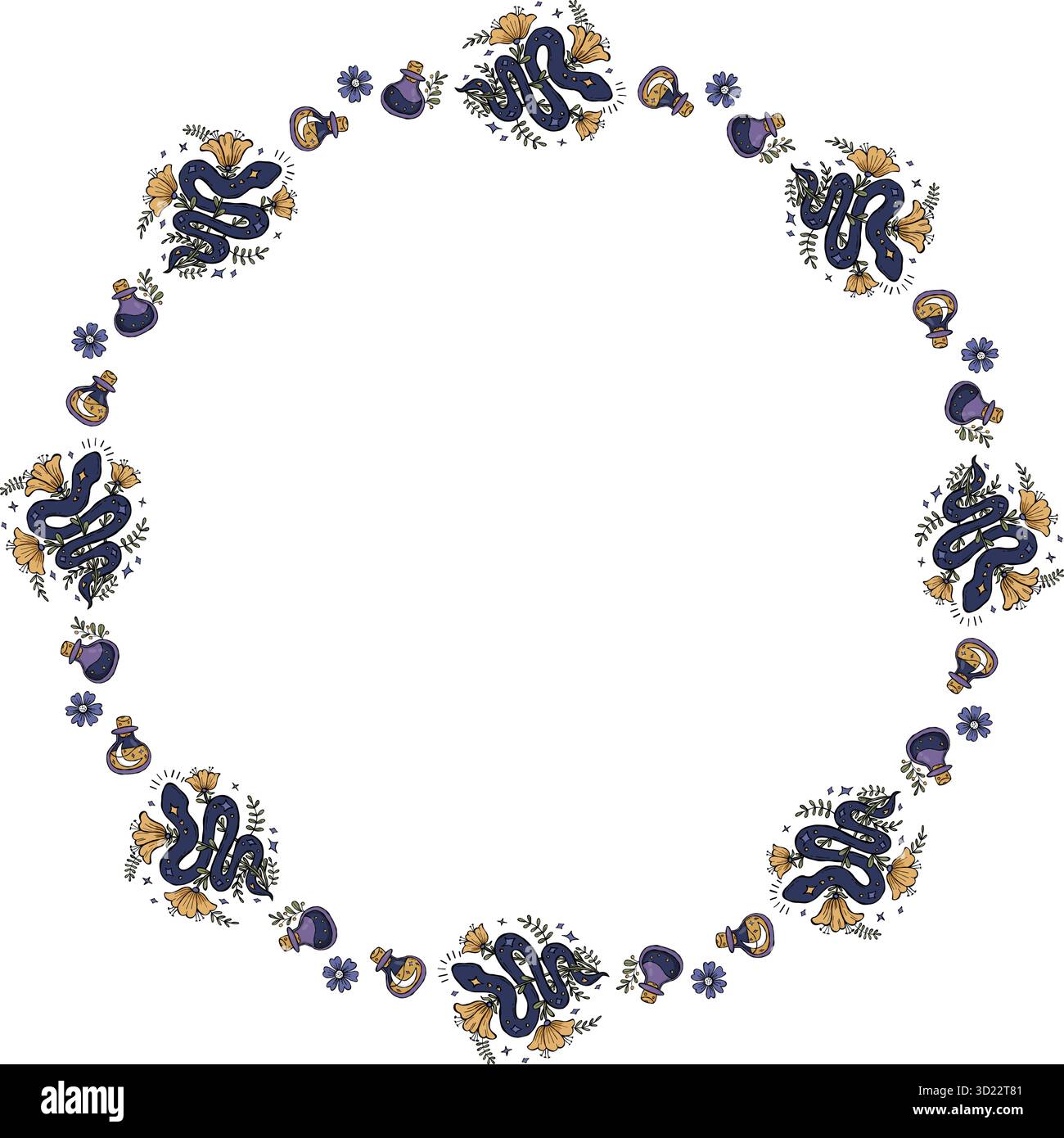 Telaio rotondo mistico serpente. Corona floreale circolare decorativa in blu scuro misterioso Kundalini, fiori e magiche bottiglie di pozione. Mano testurizzata Illustrazione Vettoriale