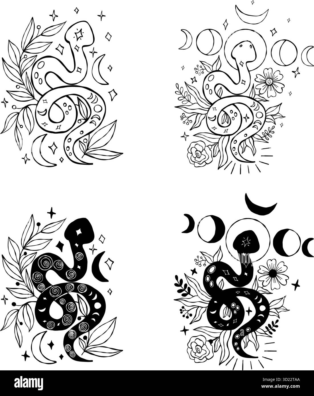 Serpente mistico con fase lunare e piante floreali. Disegni a mano testurizzati neri con contorno isolato. Illustrazione vettoriale. Non IA Illustrazione Vettoriale