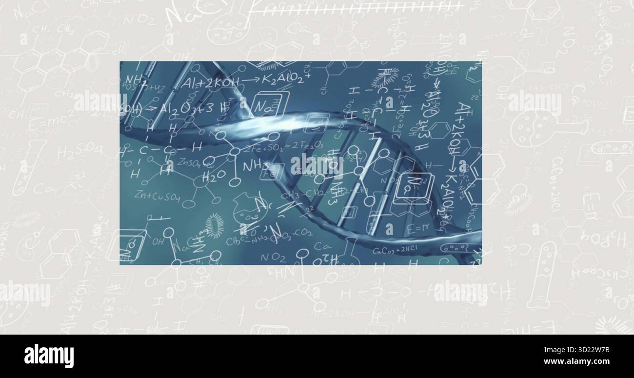 Visualizzazione dell'elica DNA 3D blu illuminata su tela digitale, con formule, diagrammi, icone di laboratorio Foto Stock