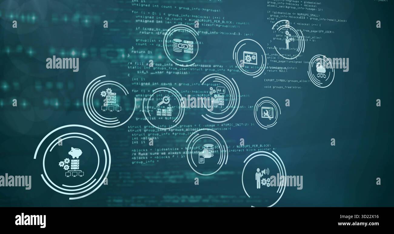 Elementi di interfaccia mobili sul dashboard dell'interfaccia utente con salvadanaio, server, collegamenti a catena e icone di file Foto Stock