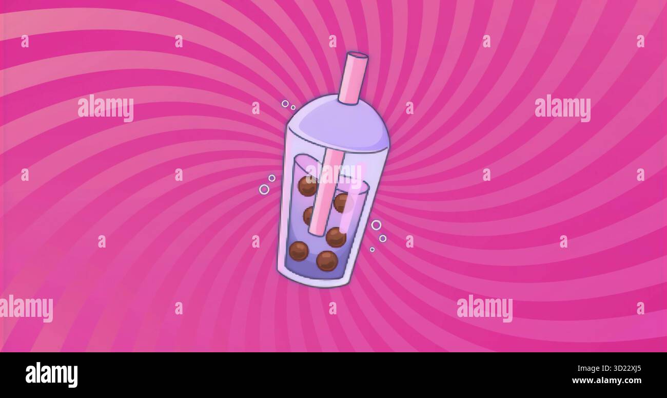 Tazza da tè galleggiante con coperchio a cupola che mostra perle e bolle sullo sfondo rosa a turbolenza Foto Stock