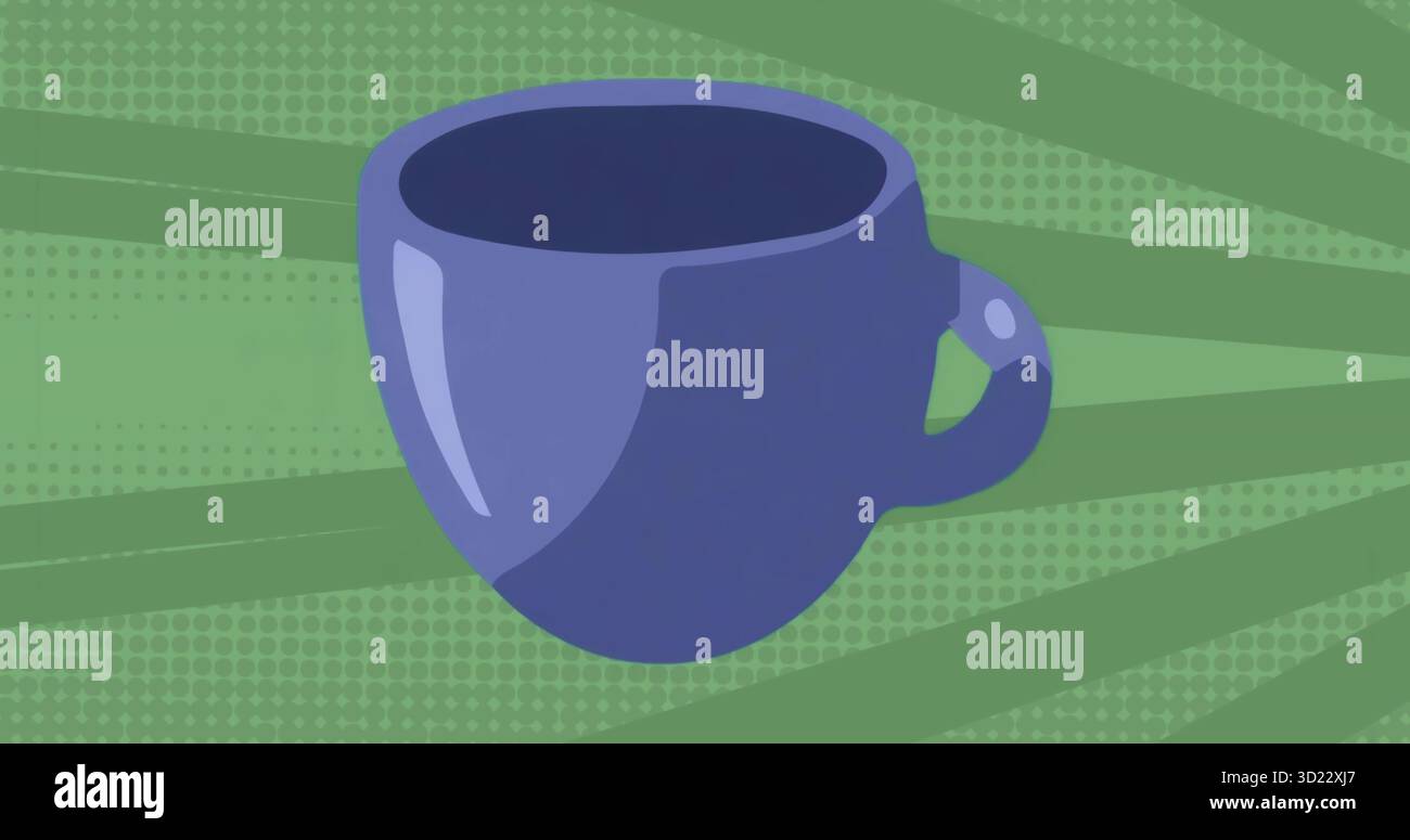 Grande tazza blu galleggiante che scivola su uno sfondo verde a tema retrò, con motivo a raffica di mezzitoni Foto Stock