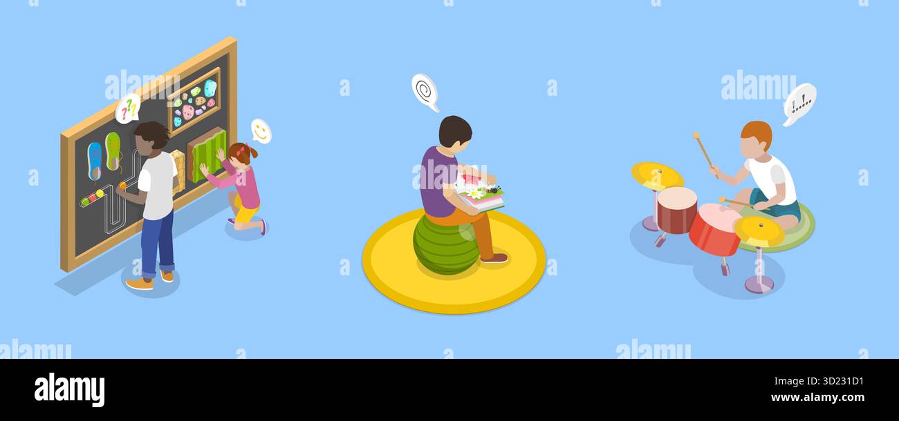Illustrazione piatta isometrica 3D dello sviluppo sensoriale per bambini autisti, sviluppo cognitivo per bambini Foto Stock