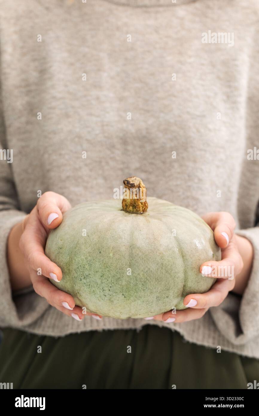 Tema del raccolto autunnale con zucca tenuta in mano per festeggiamenti stagionali. Verdure Foto Stock