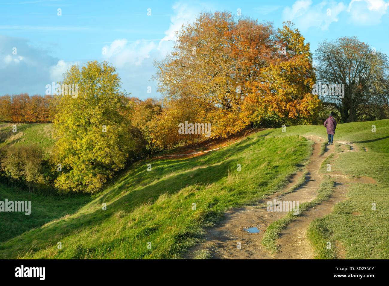 Avebury, Wiltshire - la famosa passeggiata lungo la sponda superiore e il fosso della cerchia meridionale esterna ad Avebury nel Wiltshire. Foto Stock