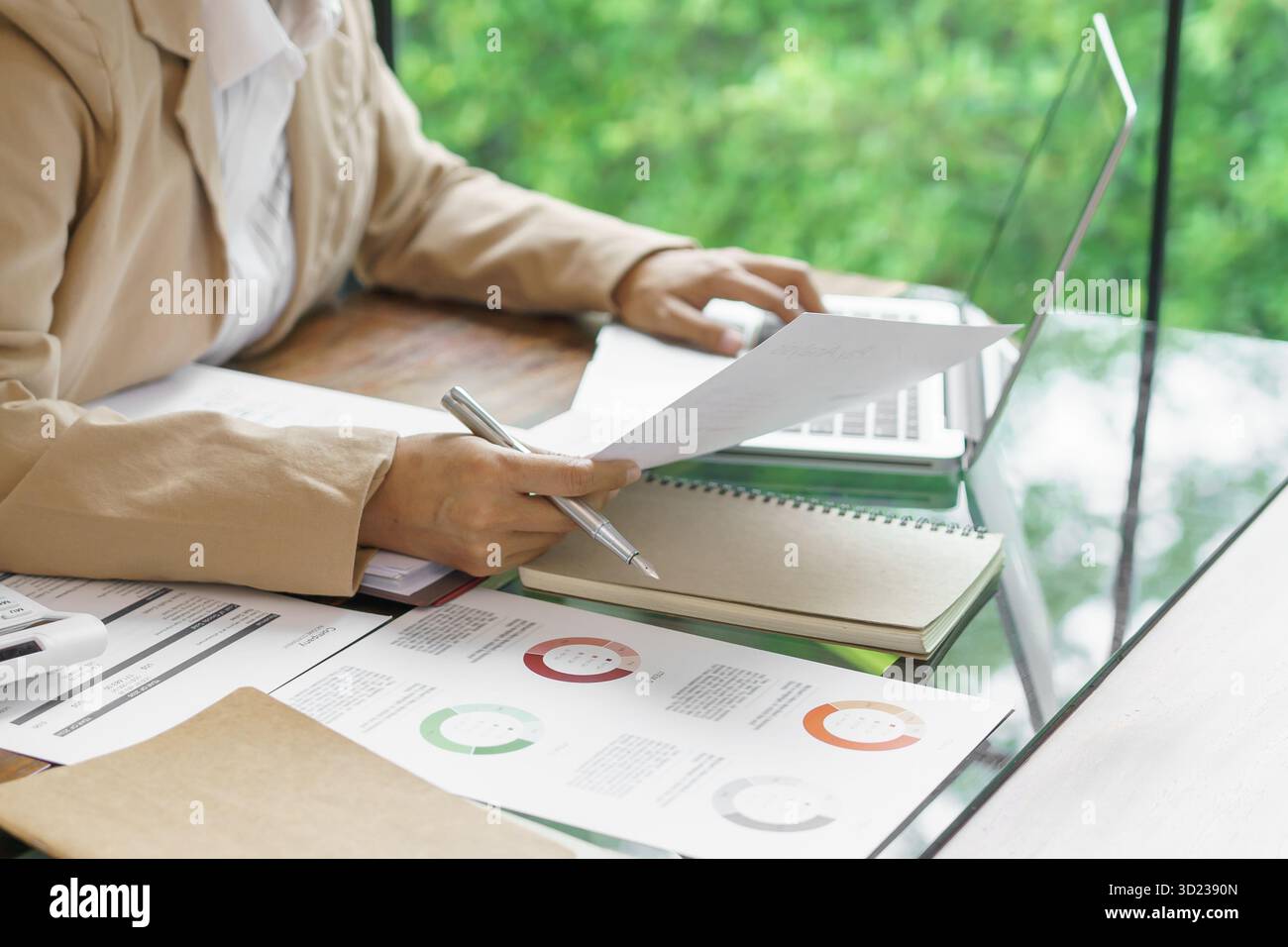 Donna d'affari che lavora in uno spazio di lavoro moderno e rispettoso dell'ambiente idee creative per investitori professionali ecocompatibili Foto Stock