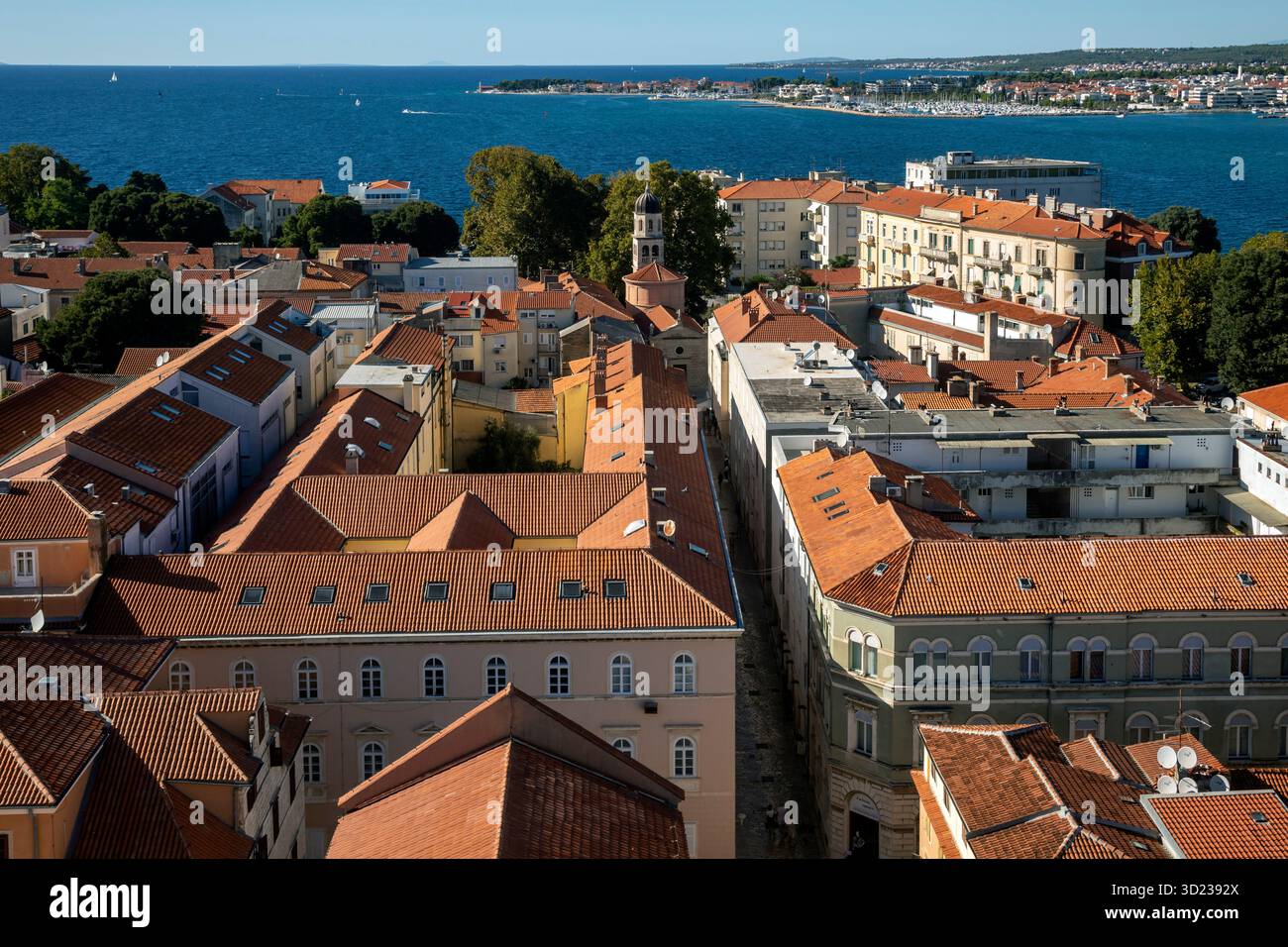 Vista aerea della città costiera di Zara, con edifici dal tetto rosso e il mare sullo sfondo, Croazia. Foto Stock