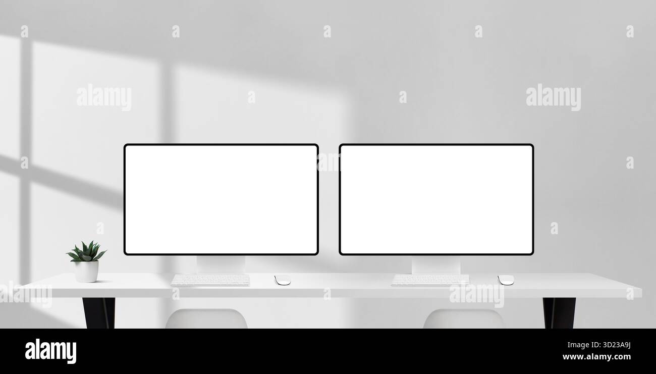 Due monitor per computer con schermi vuoti sulla scrivania da ufficio bianca, luce solare e ombre che creano uno spazio di lavoro luminoso per la progettazione, il lavoro di squadra o il lavoro di lavoro Foto Stock