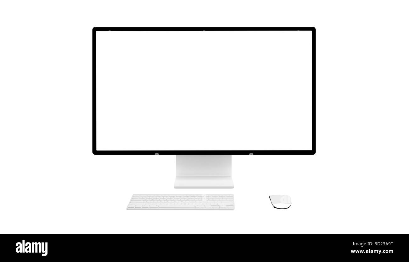 Moderno monitor per computer con schermo bianco vuoto, tastiera e mouse su un'area di lavoro pulita, pronto per l'uso con design digitale, branding o mockup Foto Stock