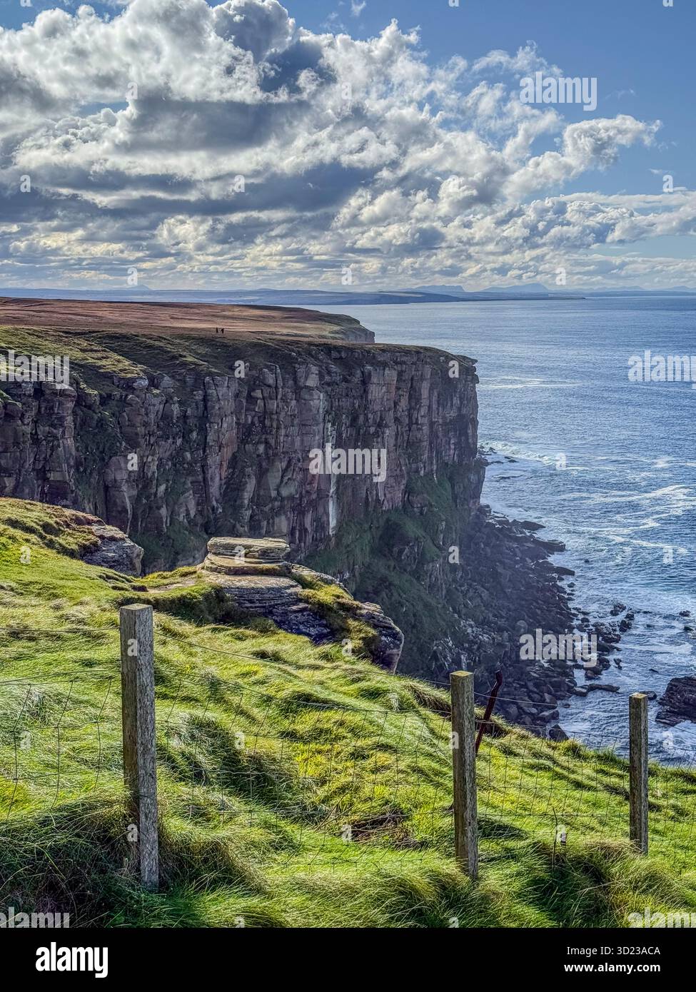 Spettacolari scogliere costiere con vista sull'oceano e erba verde sotto un cielo nuvoloso. Dunnet Head, Scozia Foto Stock