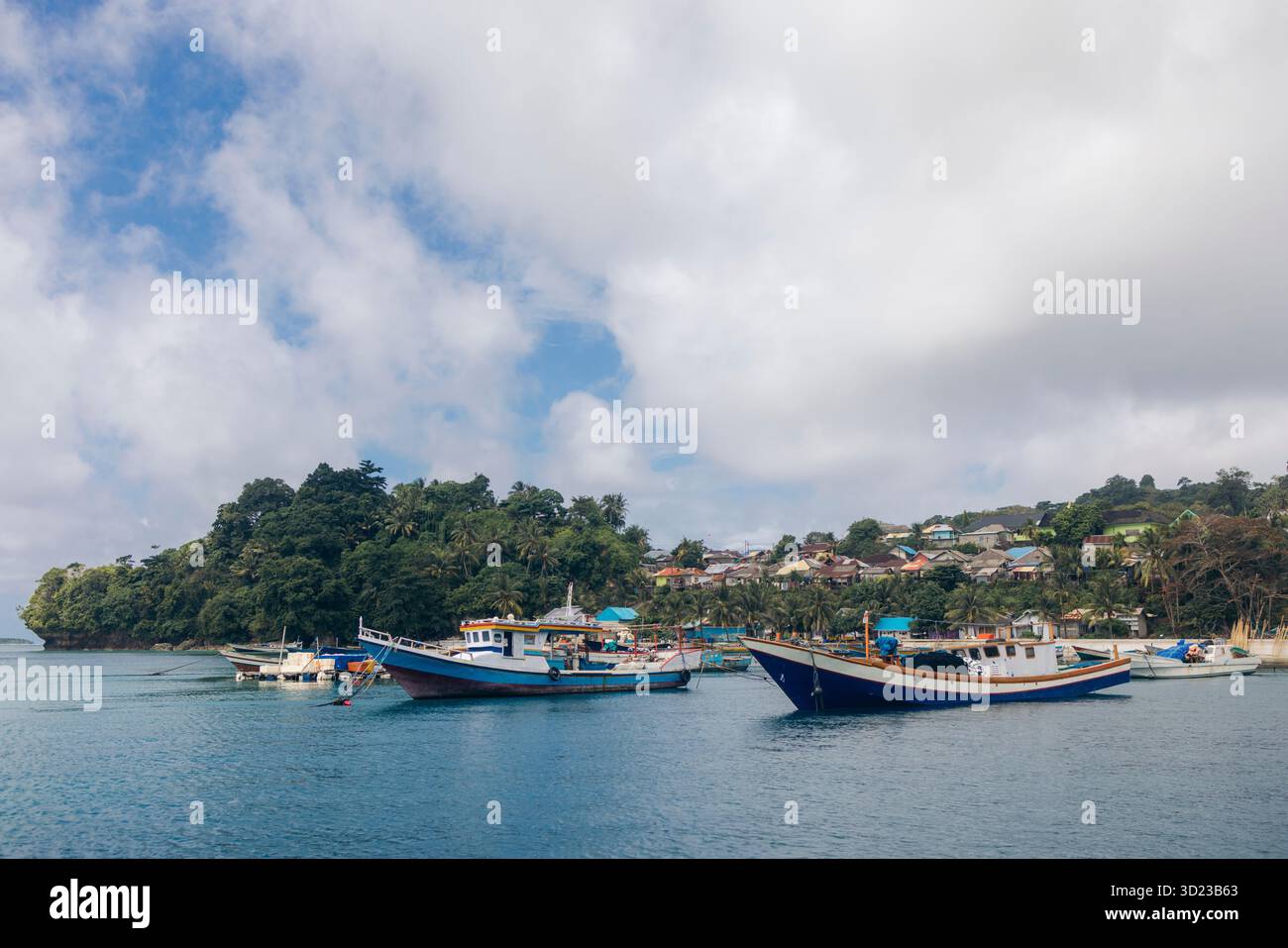 Barche da pesca ancorate su calme acque blu contro un'isola verde lussureggiante con cieli nuvolosi. Pulau Rhun o Rhun Island, banda, Central Maluku Regency, Indonesia Foto Stock