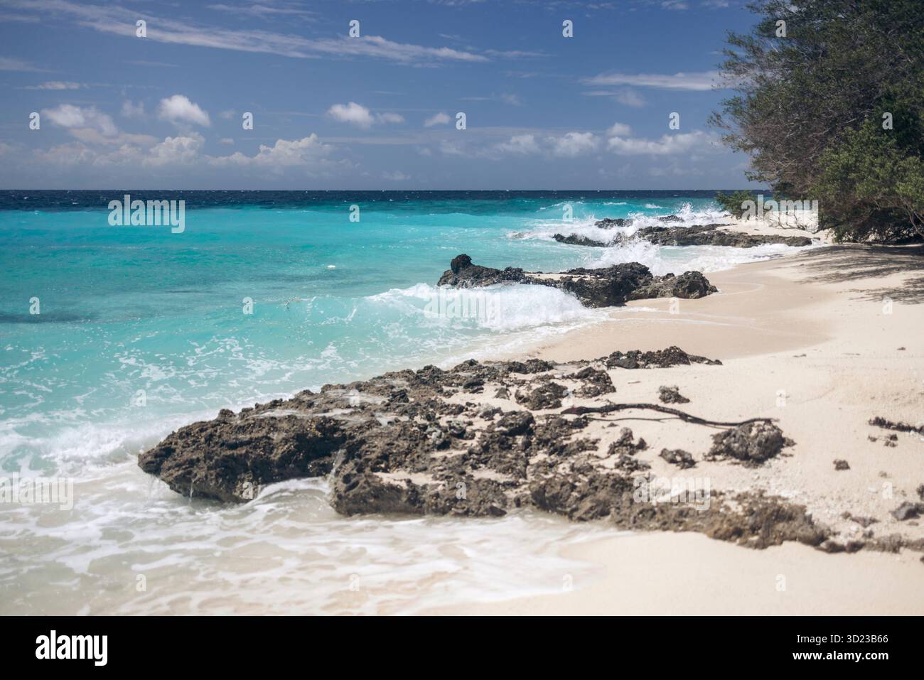 Spiaggia incontaminata con acqua turchese, costa rocciosa e vegetazione lussureggiante sotto un cielo blu. Pulau Nailaka o isola di Nailaka, banda, Maluku centrale, Indonesia Foto Stock