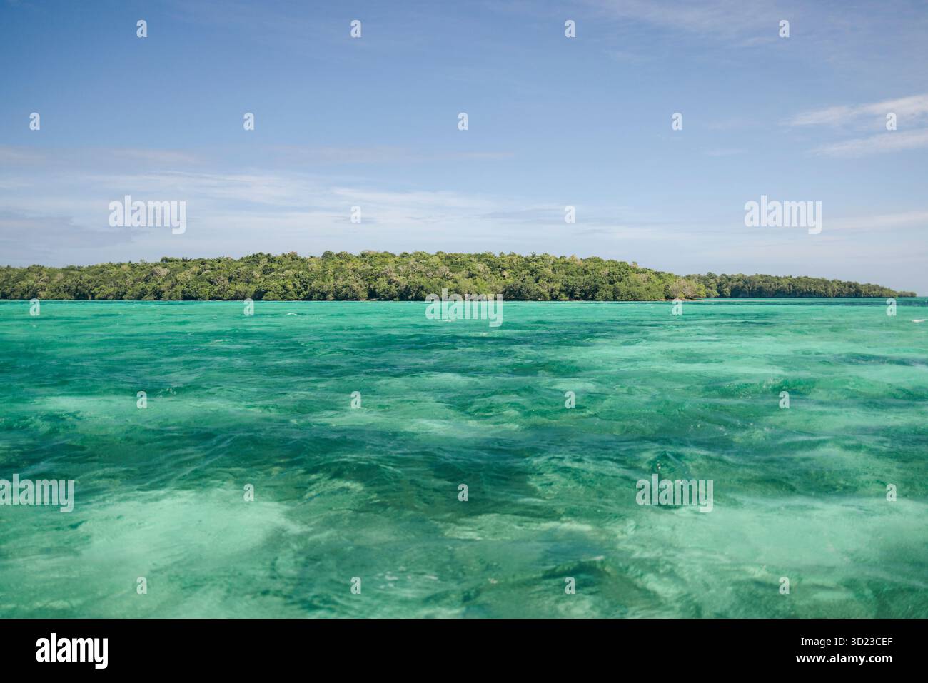 Isola tropicale con lussureggiante foresta verde circondata da un mare turchese cristallino sotto il cielo blu. Pulau Bair o Bair Island a Kei Kecil, Reggenza sud-orientale di Maluku, Maluku, Indonesia Foto Stock