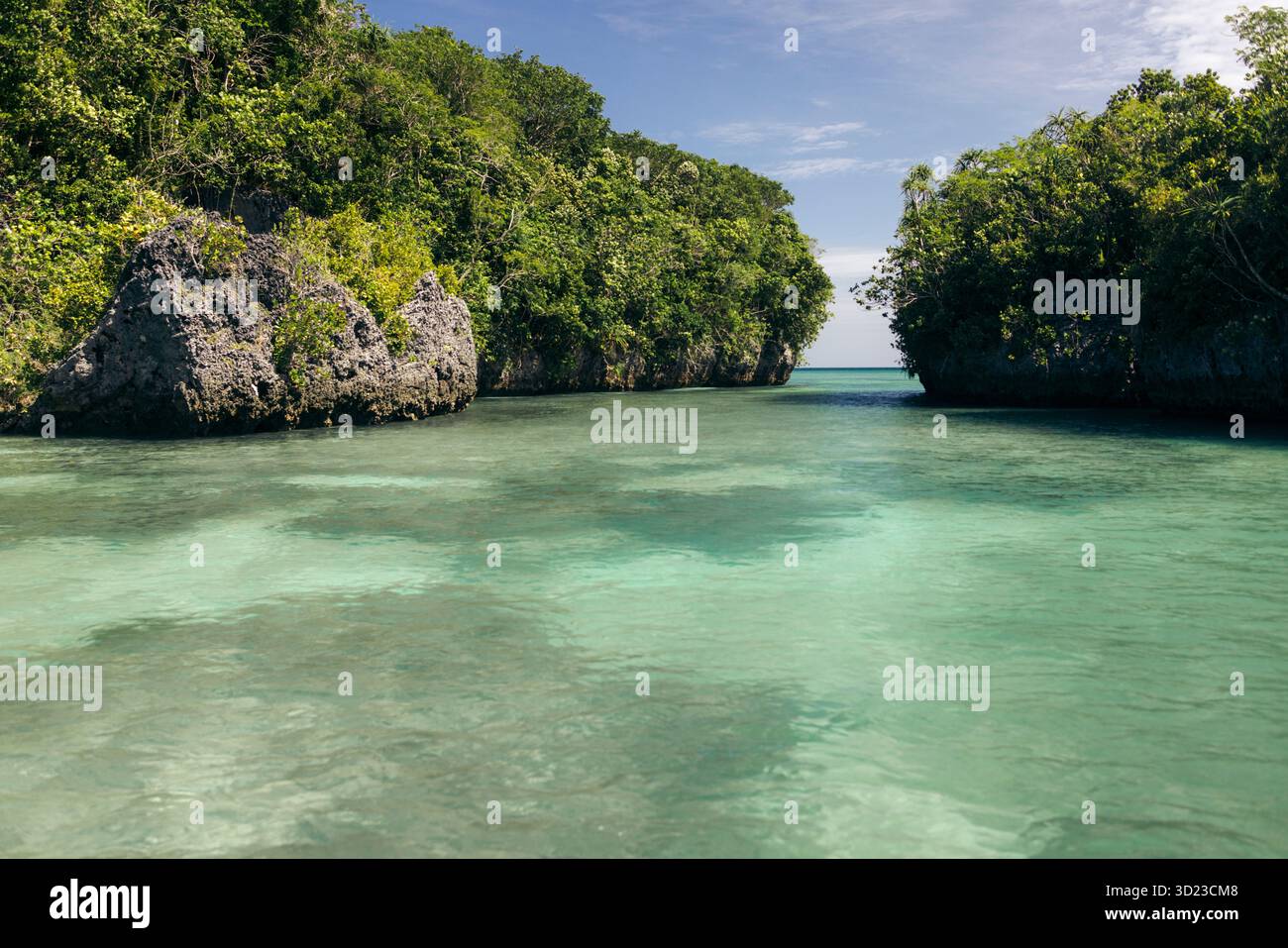 L'acqua cristallina turchese scorre tra le rigogliose scogliere verdi sotto un cielo blu brillante. Pulau Bair o Bair Island a Kei Kecil, Reggenza sud-orientale di Maluku, Maluku, Indonesia Foto Stock