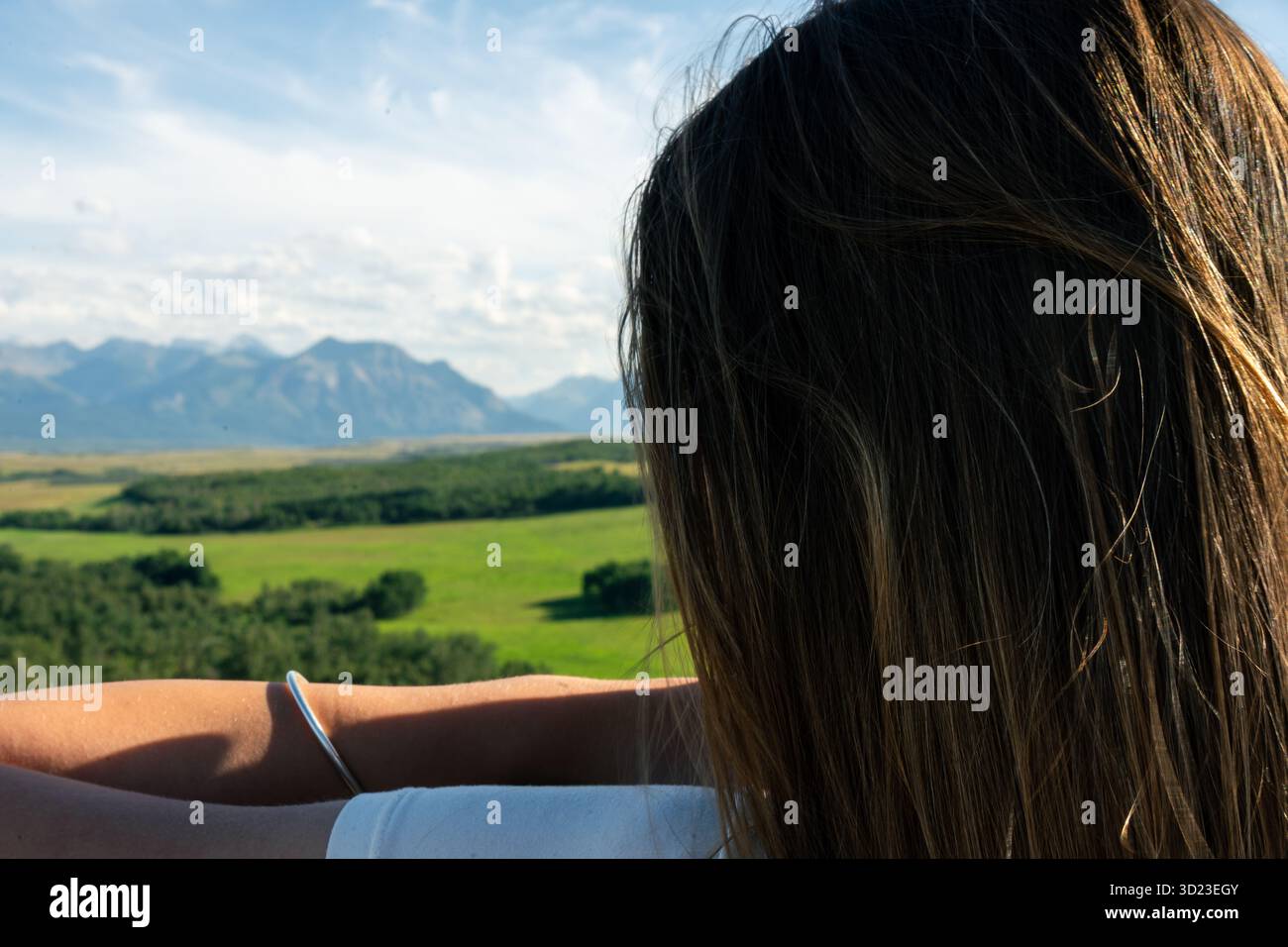 Persona che ammira la vista sulle montagne con un lussureggiante prato verde in primo piano. Pincher Creek, Alberta Foto Stock