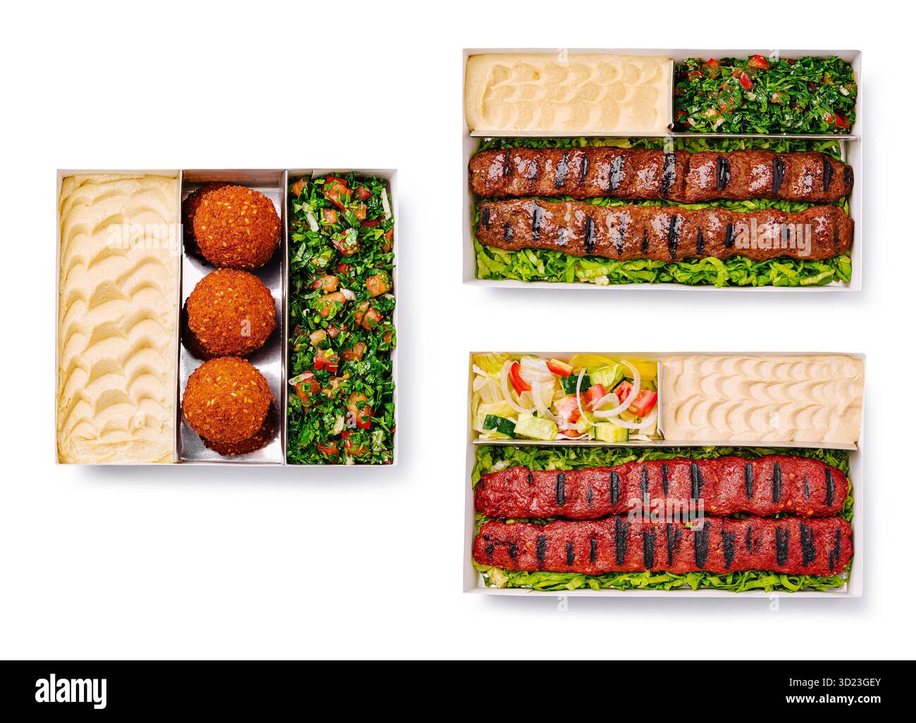 Deliziosi piatti mediorientali con carne alla griglia e contorni freschi Foto Stock