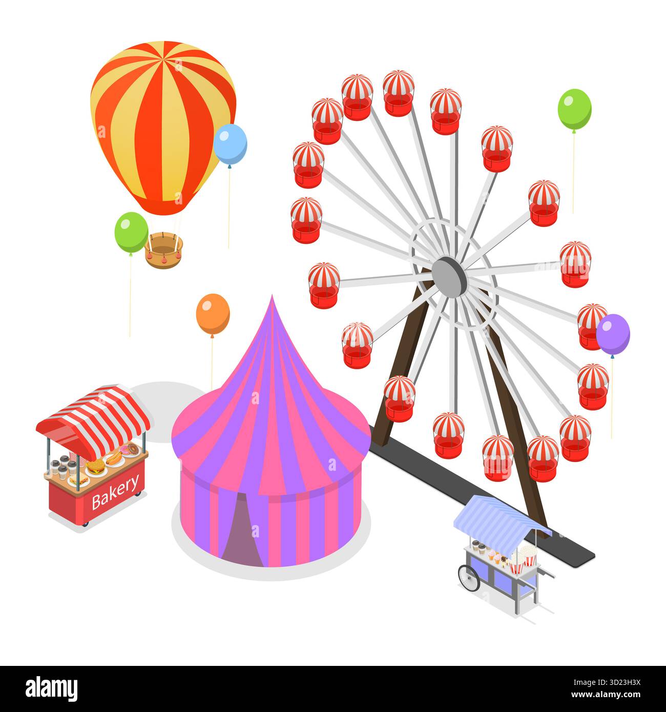 Set piatto isometrico 3D di parchi divertimenti, ruota panoramica, montagne russe. Punto 3 Foto Stock