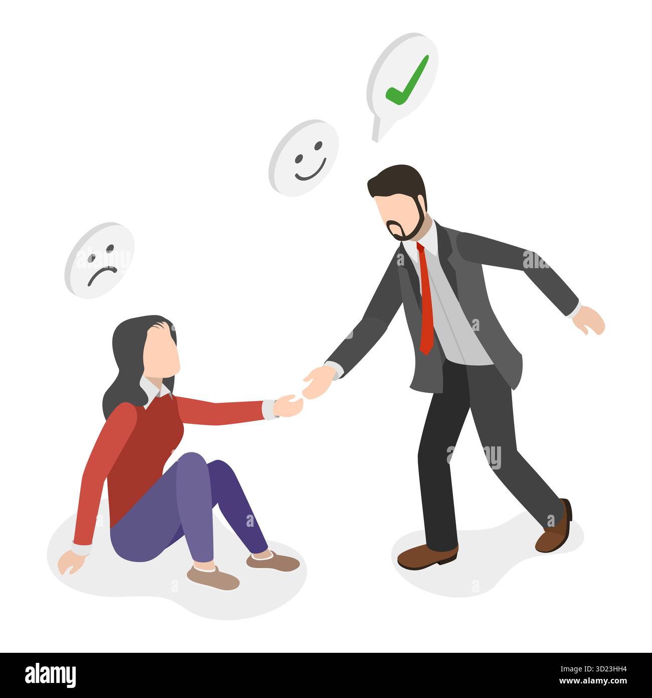 Illustrazione piatta isometrica 3D di empatia, simpatia e compassione, abilità morbide. Punto 3 Foto Stock