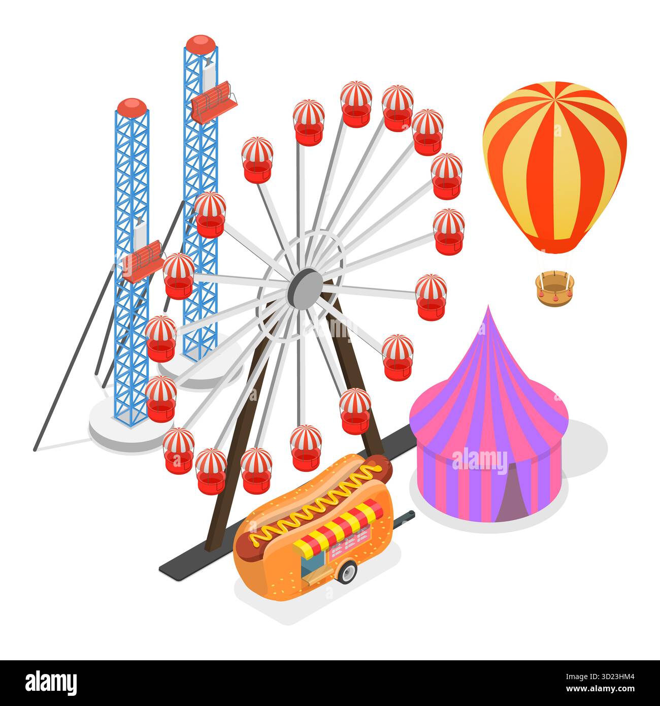 Set piatto isometrico 3D di parchi divertimenti, ruota panoramica, montagne russe. Punto 2 Foto Stock