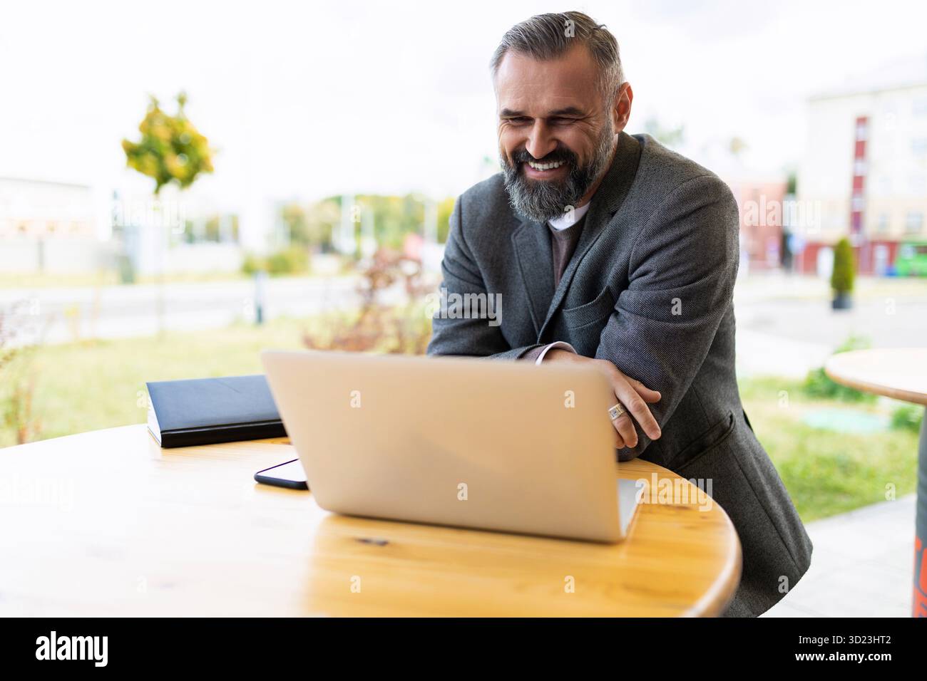 Uomo d'affari maturo che lavora su un portatile sorridente fuori Foto Stock