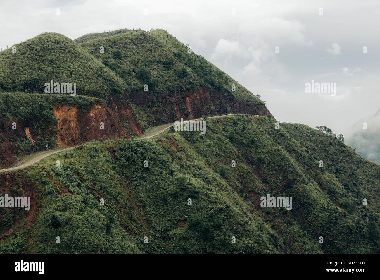 Una strada tortuosa serpeggia attraverso lussureggianti colline verdi sotto un cielo nuvoloso. Distretto di Binh Lieu, Quang Ninh, Vietnam Foto Stock