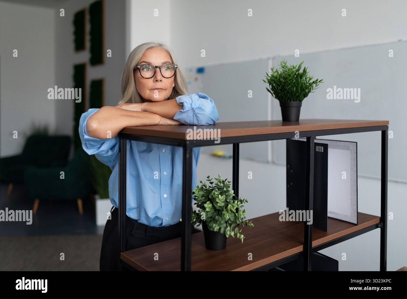 Ritratto di una donna avvocato di cinquant'anni di successo in un ufficio moderno. Concetto di consulente bancario e revisore dei conti Foto Stock
