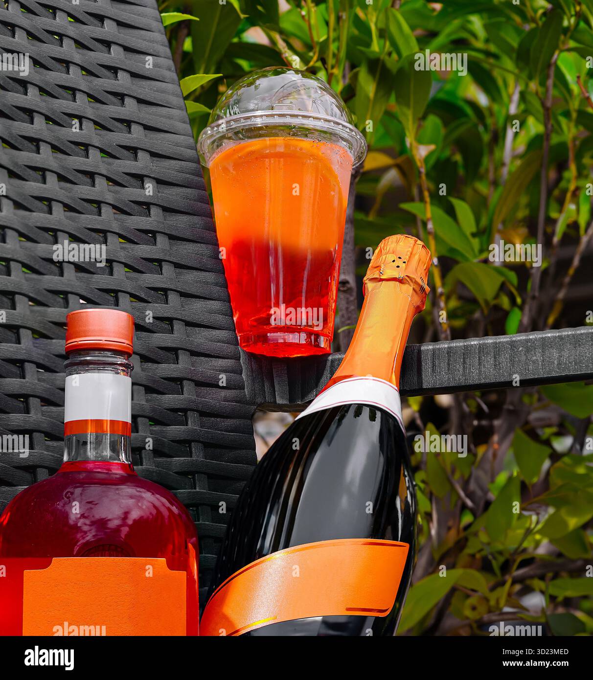 Bevande da festa esposte su un tavolo da giardino con un vivace fogliame verde Foto Stock