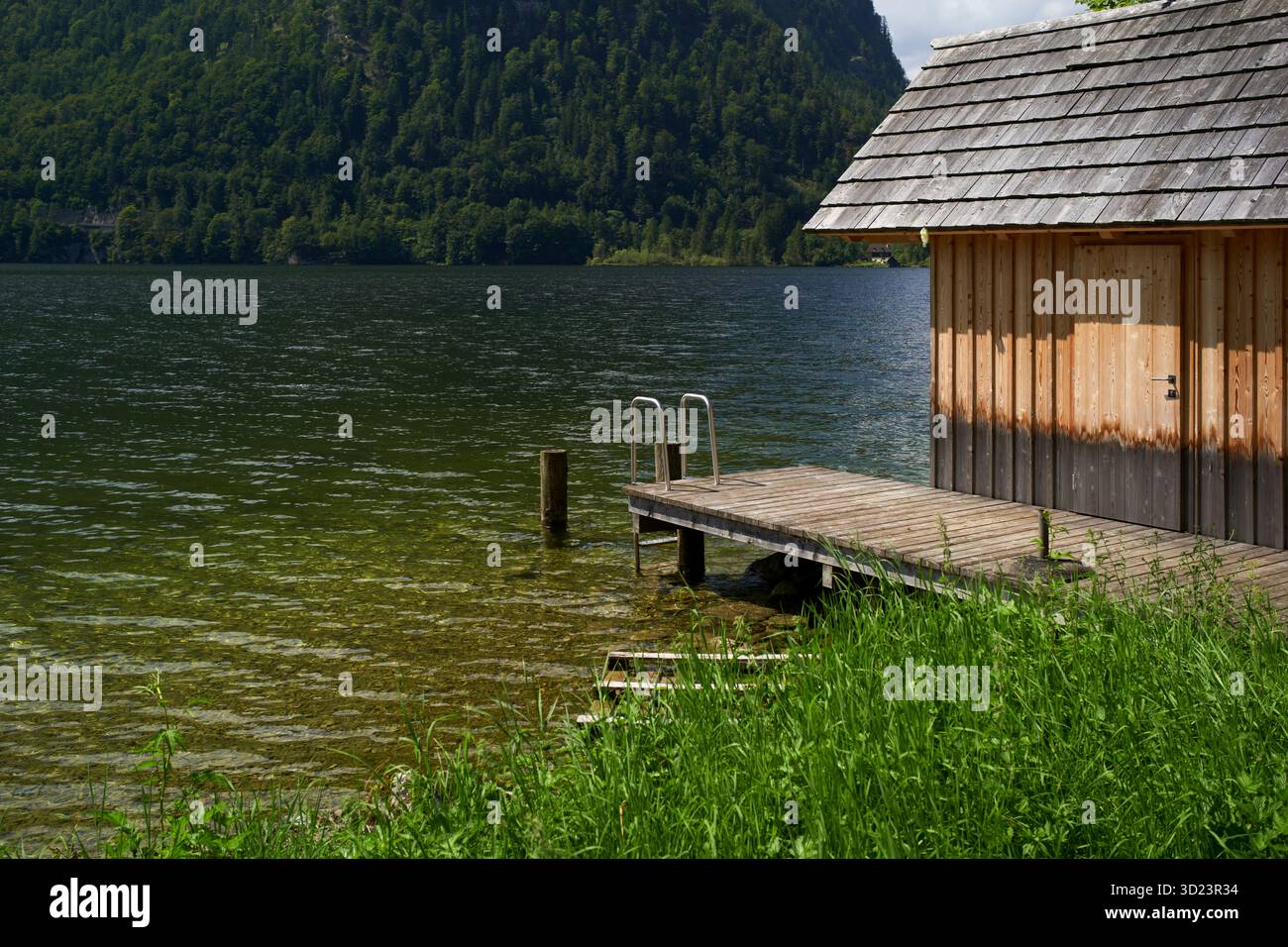 Una tranquilla vista del lago con un molo in legno e una cabina rustica circondata da lussureggiante vegetazione. Salzkammergut, Salt Domain, Dachstein Mountains, Austria Foto Stock