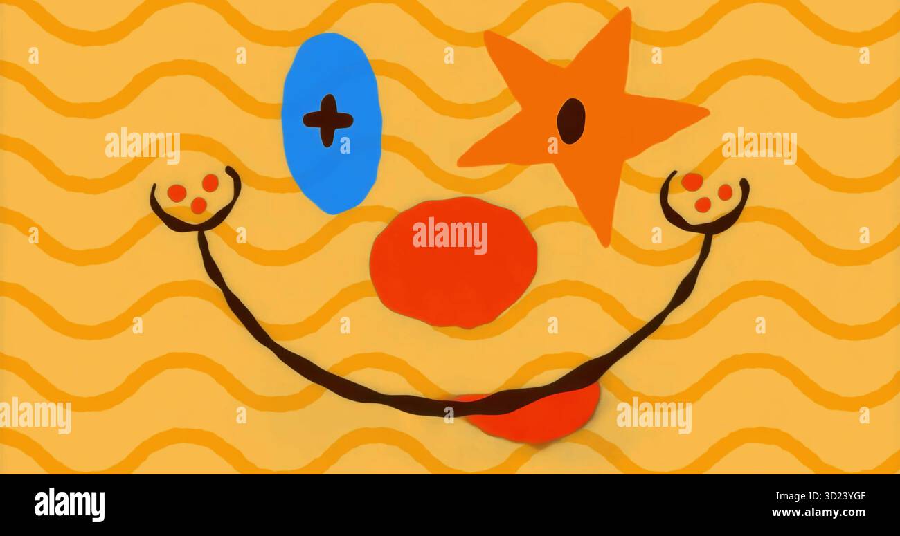 Sorrisi su sfondo giallo, occhi blu-più-ovali e arancione-stella, bocca nera, cerchi rossi Foto Stock