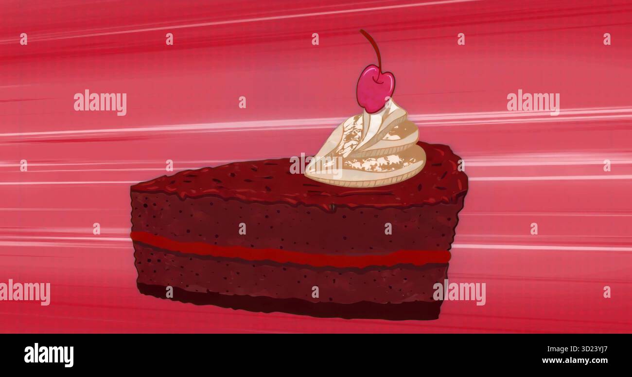 Fetta triangolare galleggiante di torta al cioccolato fondente su sfumatura rossa con turbolenza di panna e ciliegia Foto Stock