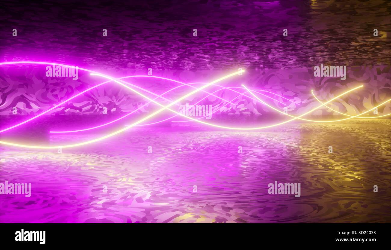 Le luci al neon rosa e gialle creano motivi vorticosi che si riflettono su una superficie increspata. Illustrazione, rendering Foto Stock