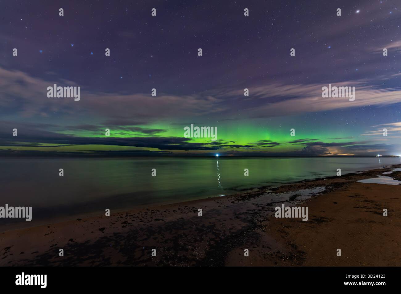 Spettacolare aurora boreale (aurora boreale) con vibrante bagliore verde e la grande costellazione di Orsi che si riflette sulla spiaggia del Mar Baltico a Jurmala, Lettonia Foto Stock