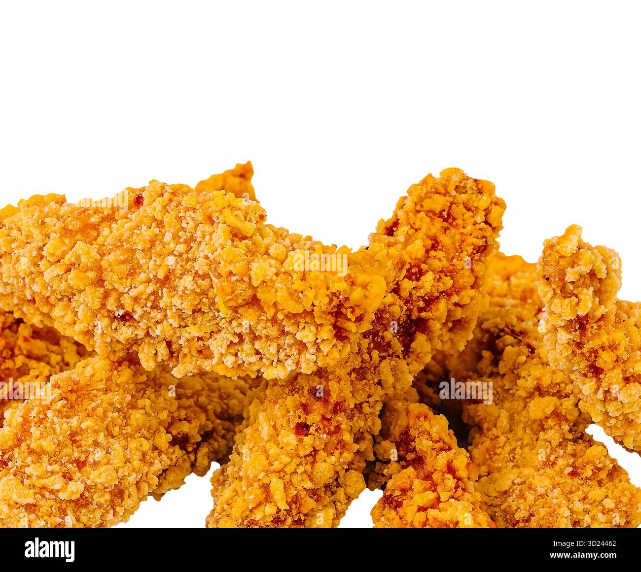 Teneri di pollo fritti croccanti impilati su sfondo bianco Foto Stock
