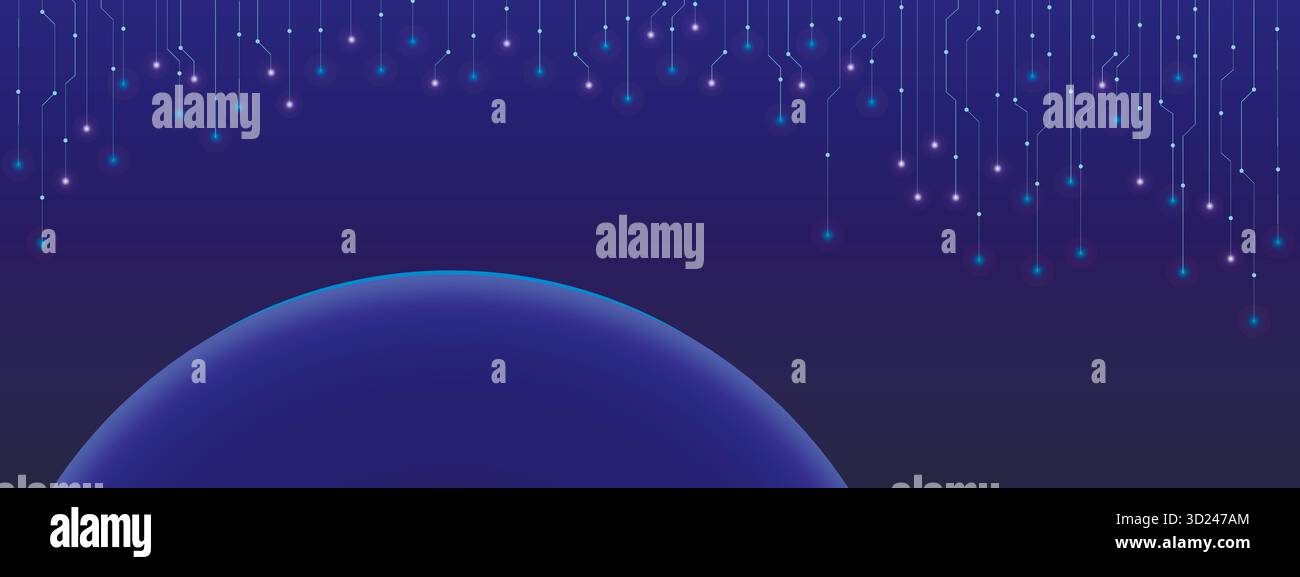 Sfondo tecnologico con sfera luminosa e particelle neurali. Modello da notte blu scuro per un design futuristico. Movimento del partic elementare leggero Illustrazione Vettoriale