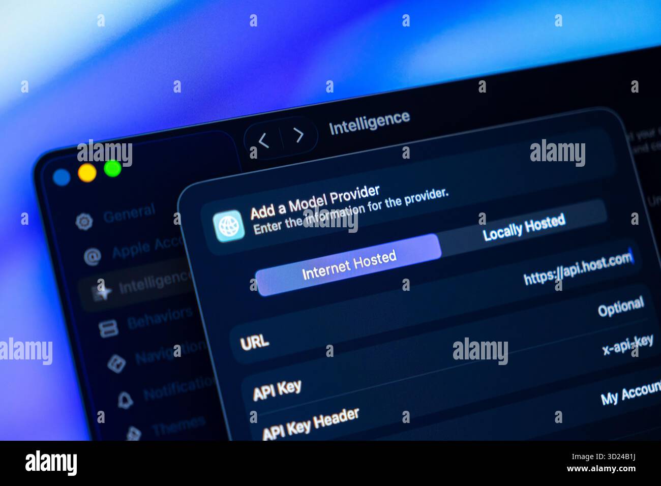 Poznan, Polonia - 18 settembre 2025: Interfaccia software moderna e scura con dettagli sulle impostazioni "Intelligence", configurazione accurata di un fornitore di modelli e Foto Stock