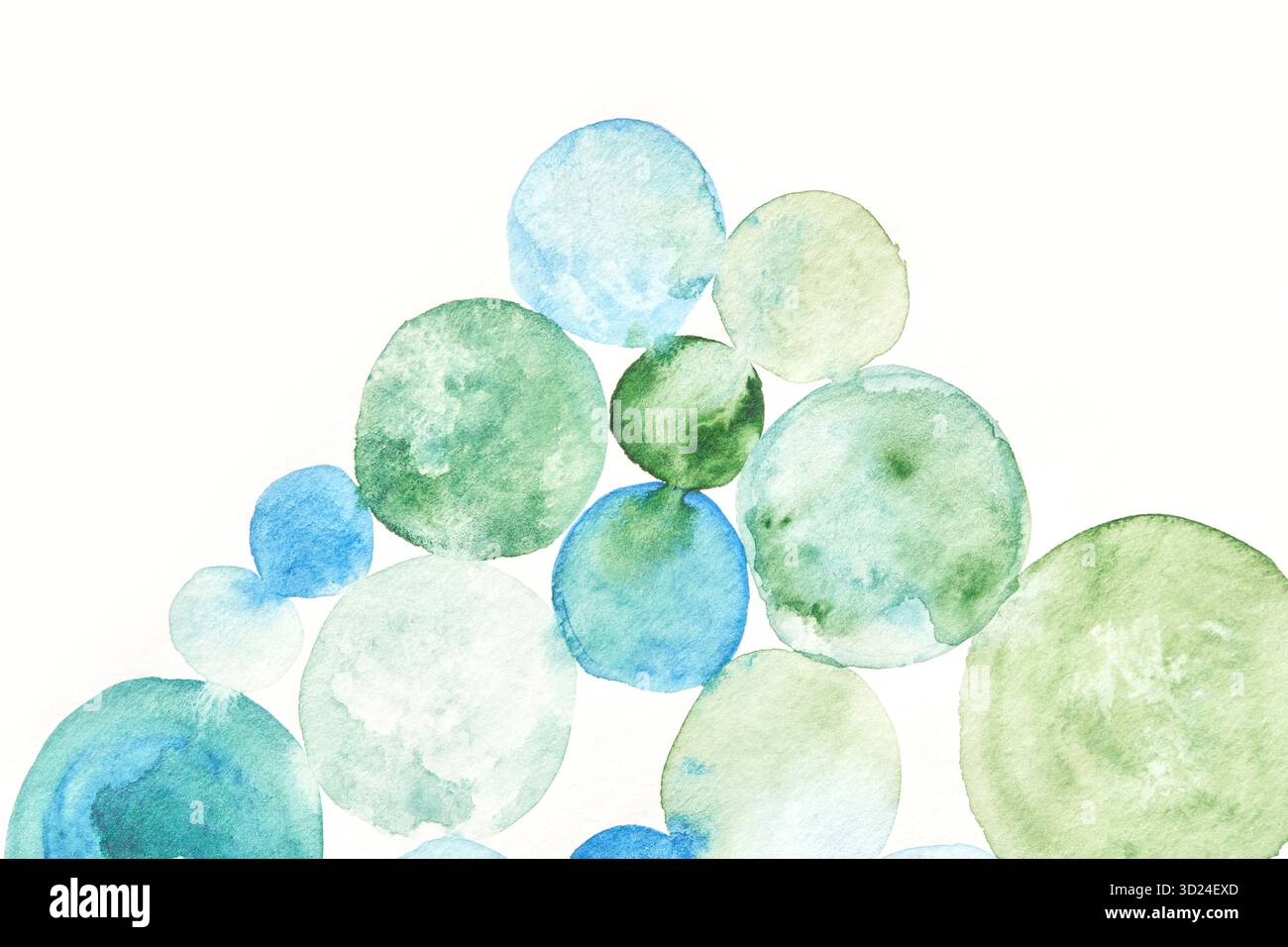 Cerchi astratti di acquerello in tonalità blu e verde su sfondo bianco Foto Stock