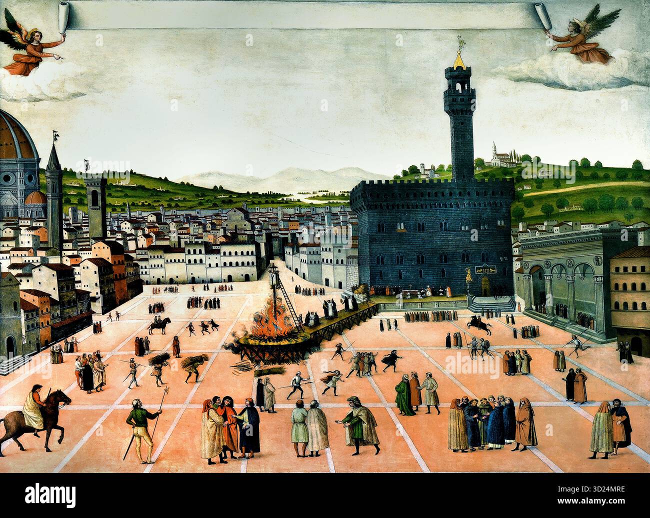 Impiccagione e incendio di Girolamo Savonarola in Piazza della Signoria a Firenze nel 1498. Anonimo 1650 Firenze Italia ( fra Bartolomeo Girolamo Savonarola 1452 – Firenze 1498) è stato un frate domenicano italiano e un influente contributo alla politica fiorentina dal 1494 fino alla sua esecuzione nel 1498. Savonarola aderì all'ordine Domenicano nel 1475 e fu inviato a Firenze per tenere conferenze presso il convento di San Marco, dove divenne noto per la sua conoscenza e ascetismo. Foto Stock