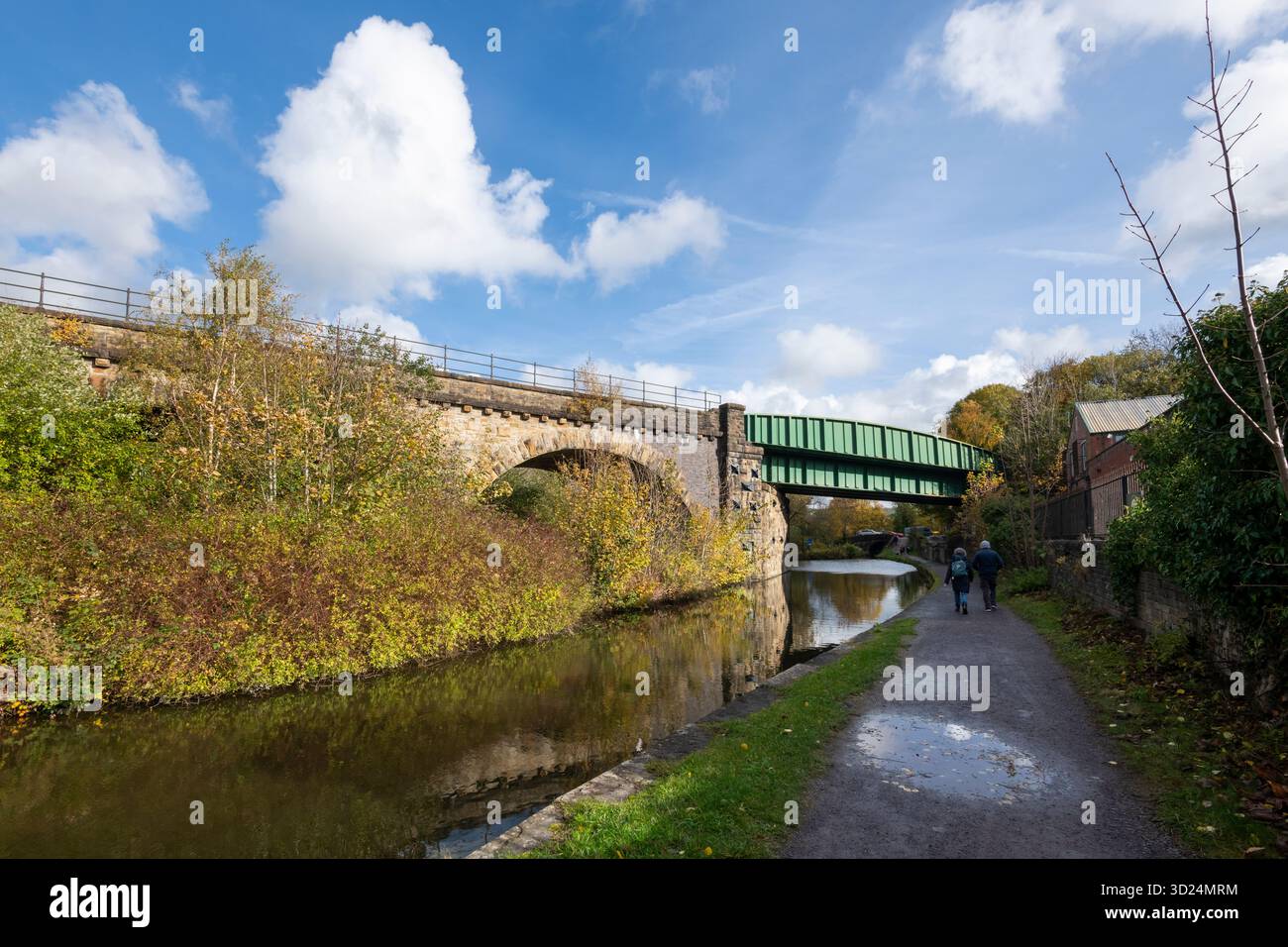 Sentiero vicino a Marple Aquaduct sul Peak Forest Canal presso Marple Bridge, Stockport, Greater Manchester, Inghilterra. Foto Stock