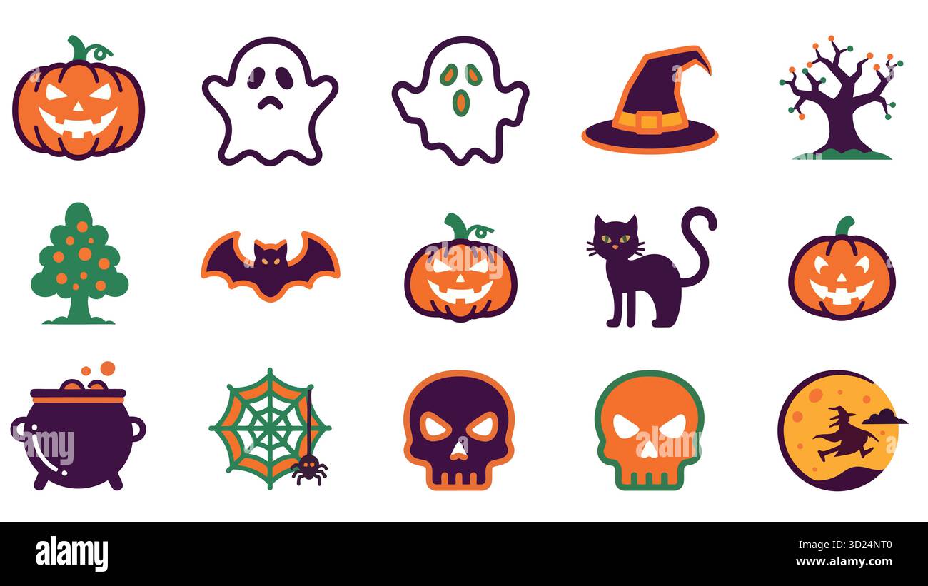 Collezione Halloween Icon Set - simpatiche zucche colorate in stile cartoncino, fantasmi, cappello da strega, gatto, pipistrello, cranio, ragno e Luna Illustrazione Vettoriale