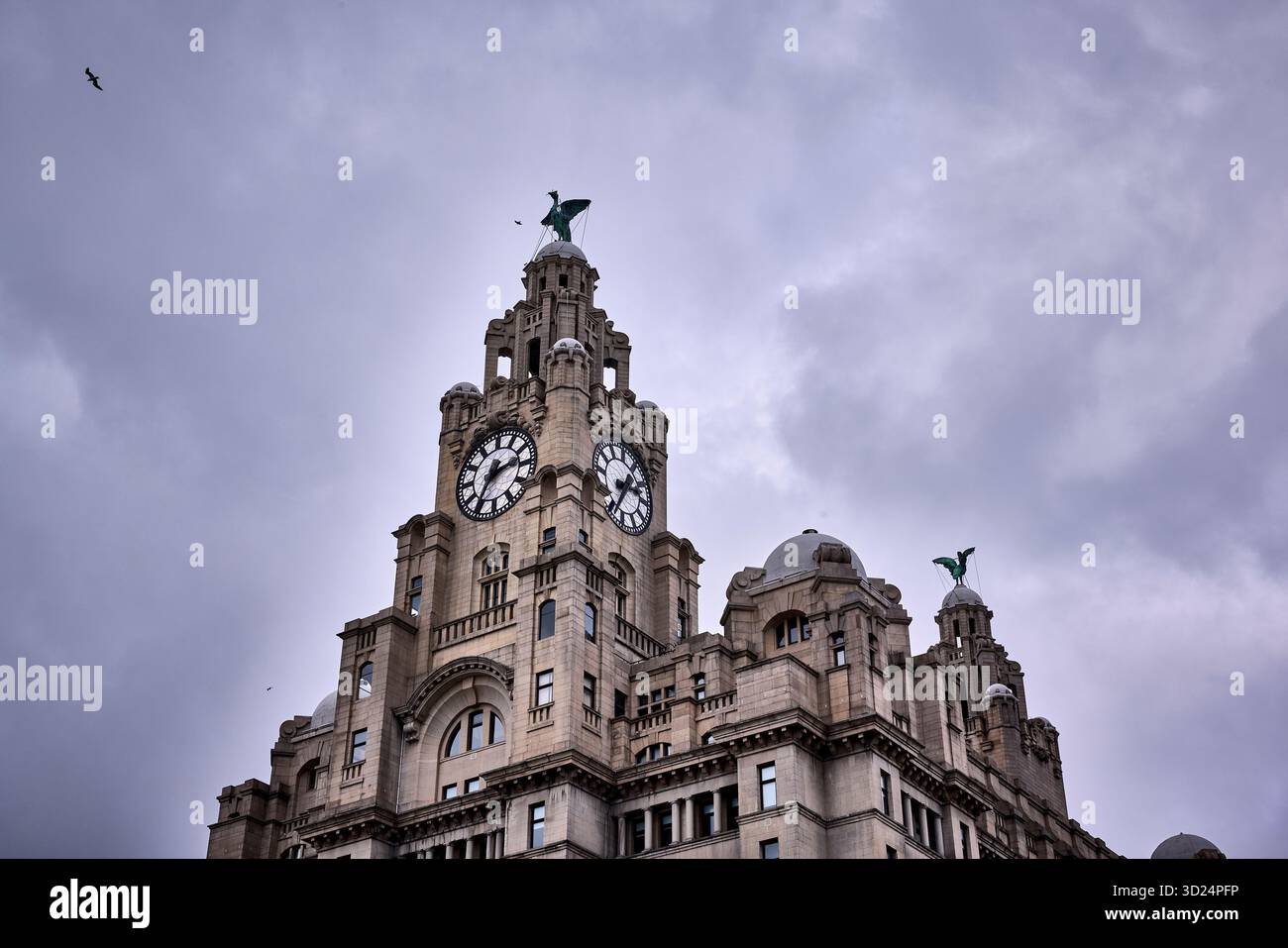 Una vista panoramica del Royal Liver Building di Liverpool. La struttura storica, coronata dai famosi uccelli al fegato, si erge orgogliosamente sulla Pier Head Foto Stock